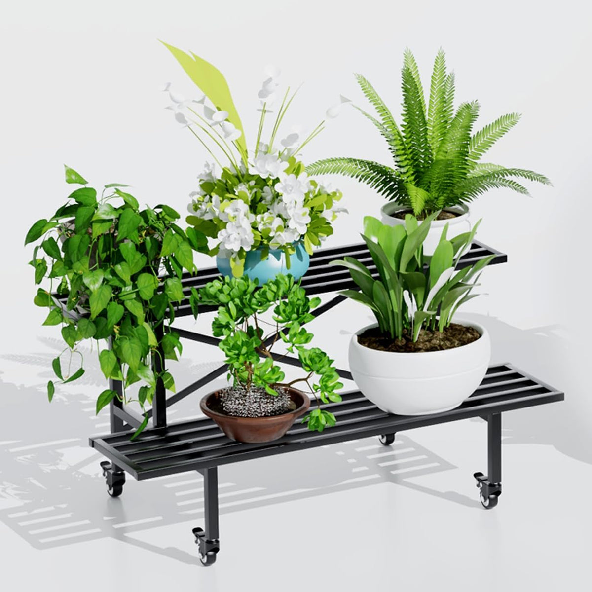 Zhongma 2 Tier Sturdy Metal Plant Stand with Wheels, L35.43 x W17.5 x H16.14 inch, Heavy Duty Plant