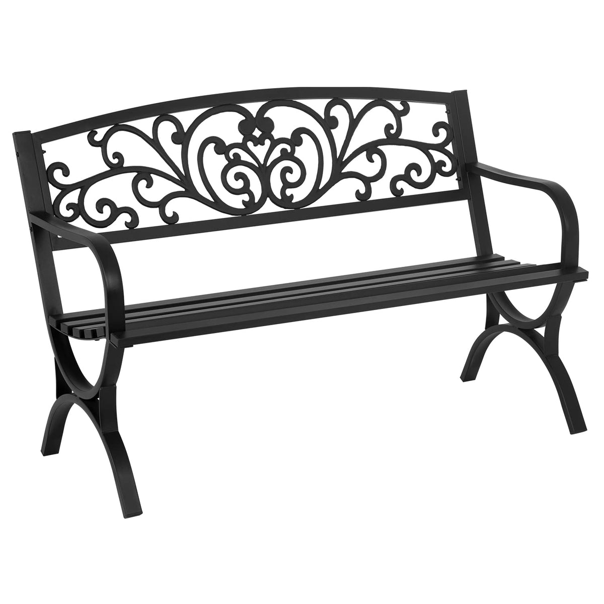 Patio Garden Bench 50 inch Outdoor Metal Loveseat Chairs with Armrests Slatted Seat and w/Floral