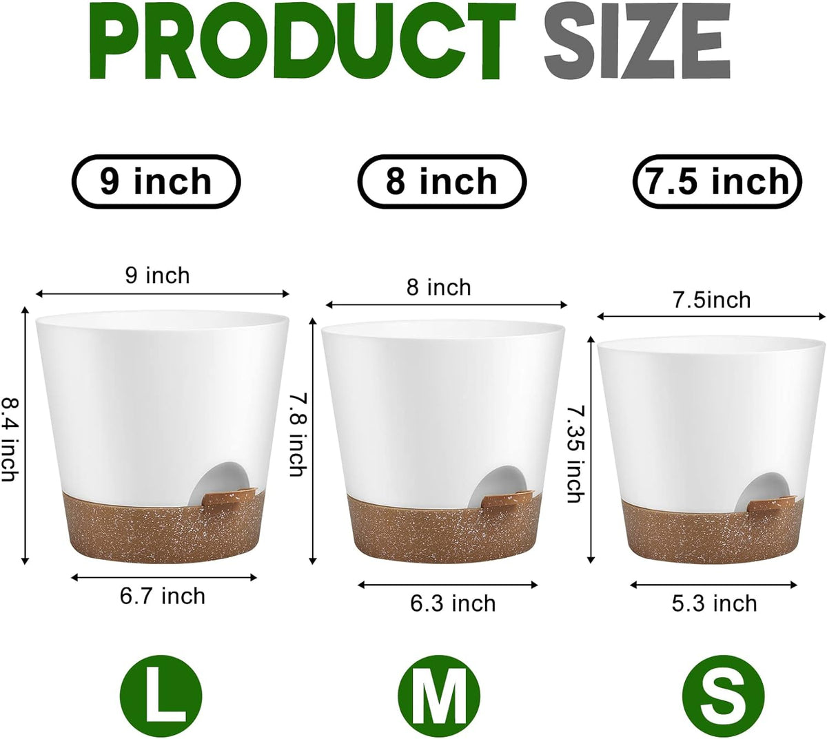 Indoor Outdoor Plant Pots- Self Watering Planters with Drainage Holes and Saucers, 9,8, 7.5 Inches