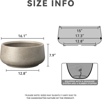 Kante 16.1" Dia Round Curvy Concrete Planter, Large Plant Pots with Drainage Hole and Rubber Plug