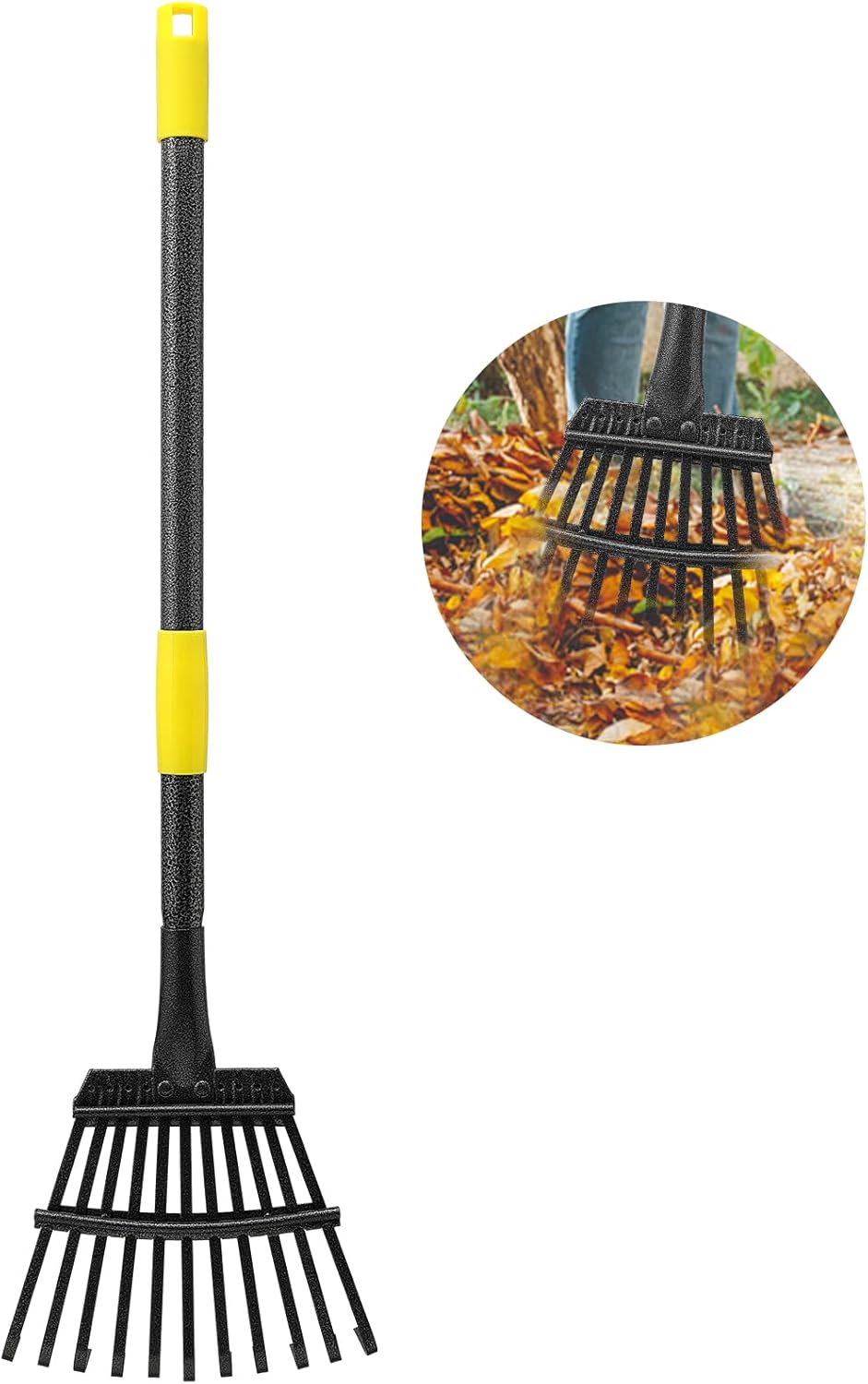 Oliynedy Adjustable Metal Garden Rake for Leaves - Long Handle 30-60", 11 Tines 9" Wide - Small