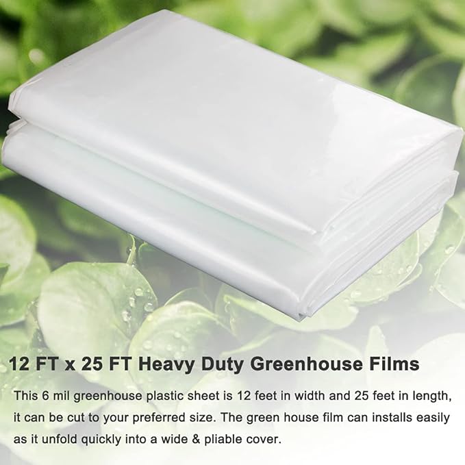 Yowlieu 12' x 25' Clear Greenhouse Plastic Sheeting, 6 Mil UV Resistant Polyethylene Greenhouse