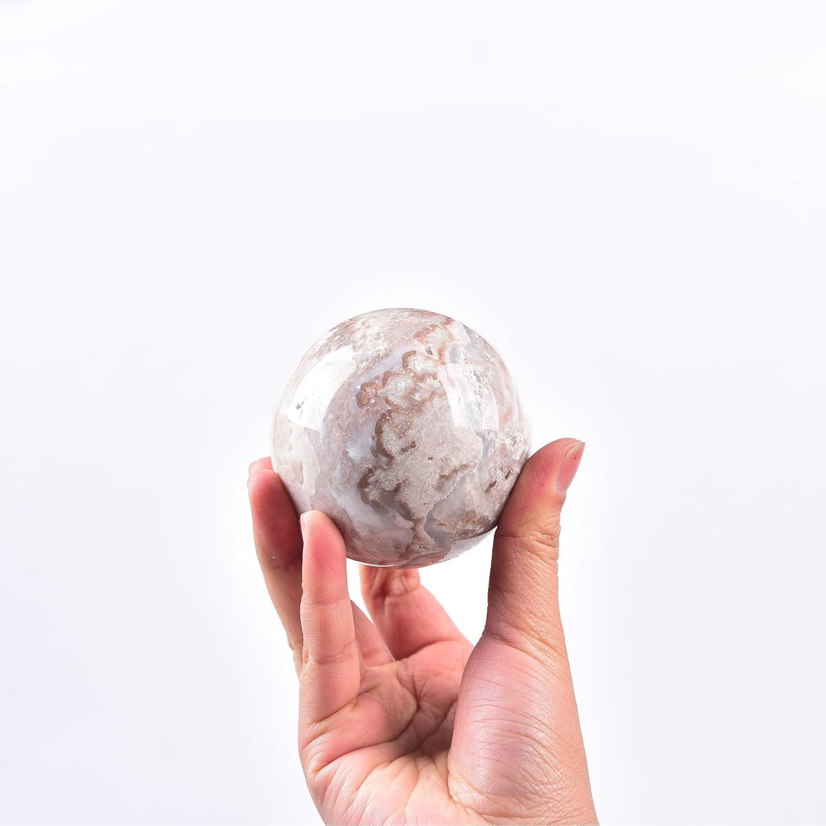 JIC Gem Natural Pink Agate Crystal Sphere with Wooden Stand,Decorative Crystal Ball Pink Gemstone