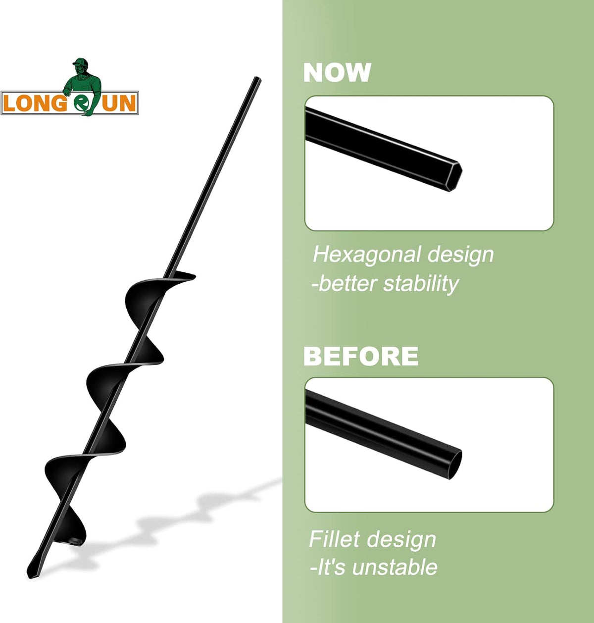 LONGRUN Auger Drill Bit for Planting, Garden Spiral Hole Drill for 3/8” Hex Drive Augers, Solid