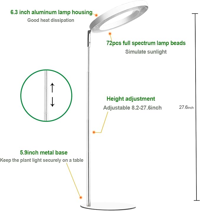 yadoker 72 LEDs Full Spectrum Plant Grow Light for Indoor Plants，Height Adjustable, 6.3" Aluminum