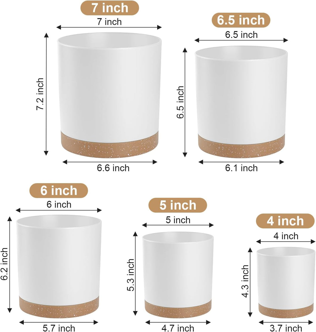 Plant Pots with Drainage Holes and Saucers – 7, 6.5, 6, 5, 4 Inch Plastic Planters for Indoor