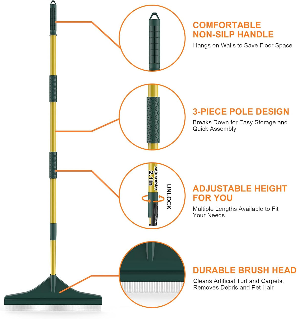 Artificial Turf Rake with Steel Telescopic Handle, 32 to 55 Inch 3 Piece-Pole Easy Storage Design