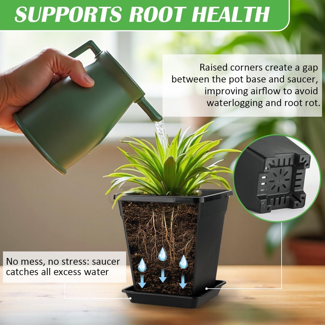 BTPLASTIK 9 Inch Square Planters for Indoor Plants, 8 Pack Large Plastic Plant Pot with Drainage &