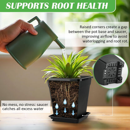 BTPLASTIK 9 Inch Square Planters for Indoor Plants, 8 Pack Large Plastic Plant Pot with Drainage &