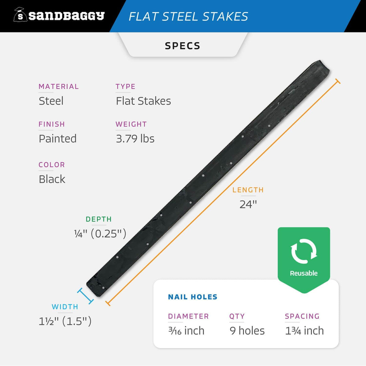 Sandbaggy Flat Steel Stakes for Concrete Forms with Nail Holes - 1.5" Wide - Painted - Removable