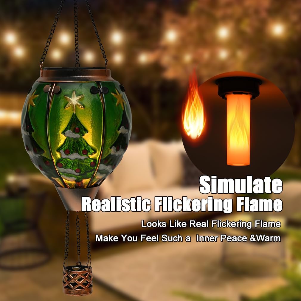 Solar Powered Hot Air Balloon Lantern - Christmas Tree Glass Lantern, Simulated Flickering &