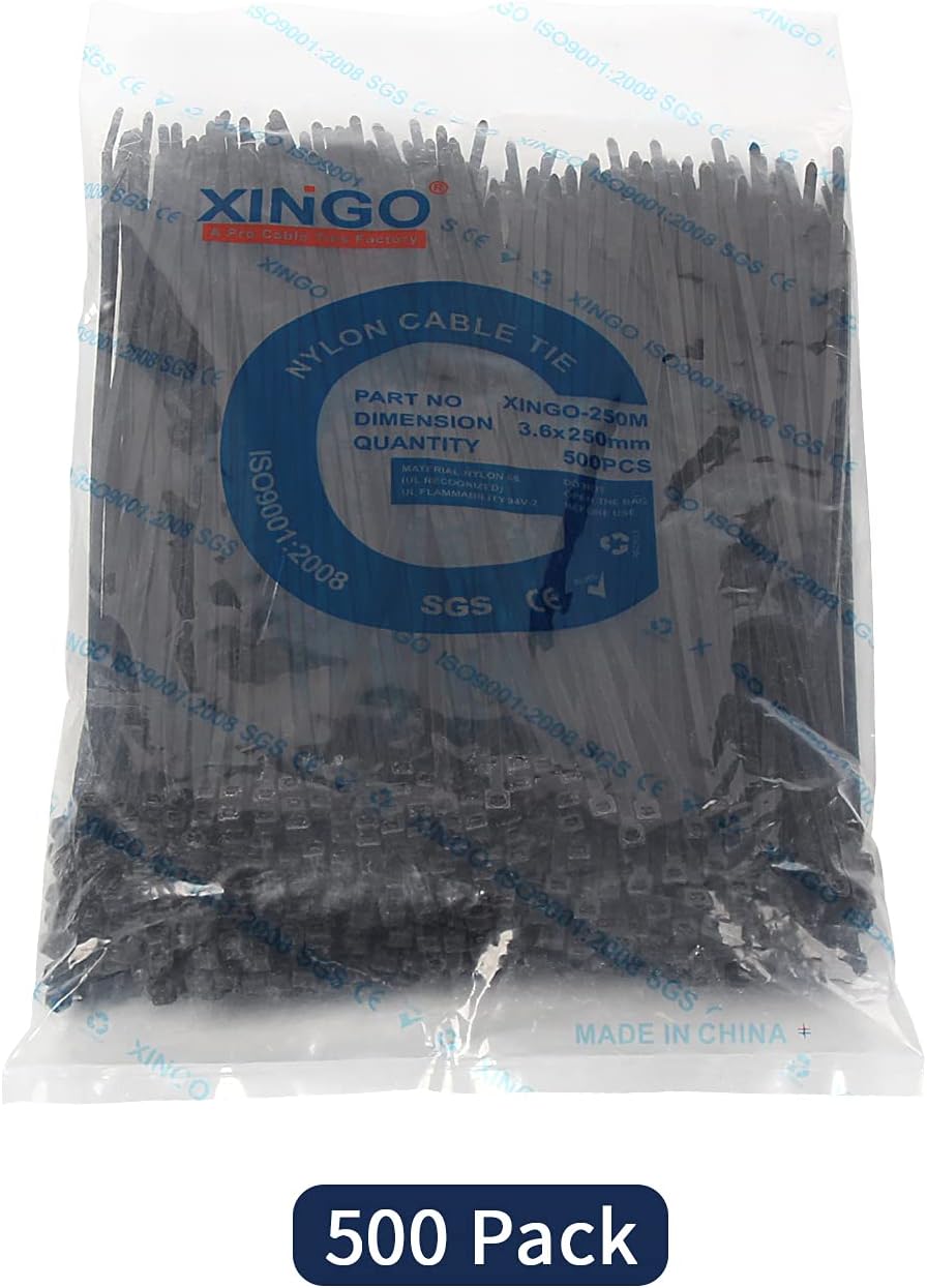 XINGO 10 Inch Cable Zip Ties (500 Pack), 40 Lbs Tensile Strength-Heavy Duty, Self-Locking Nylon