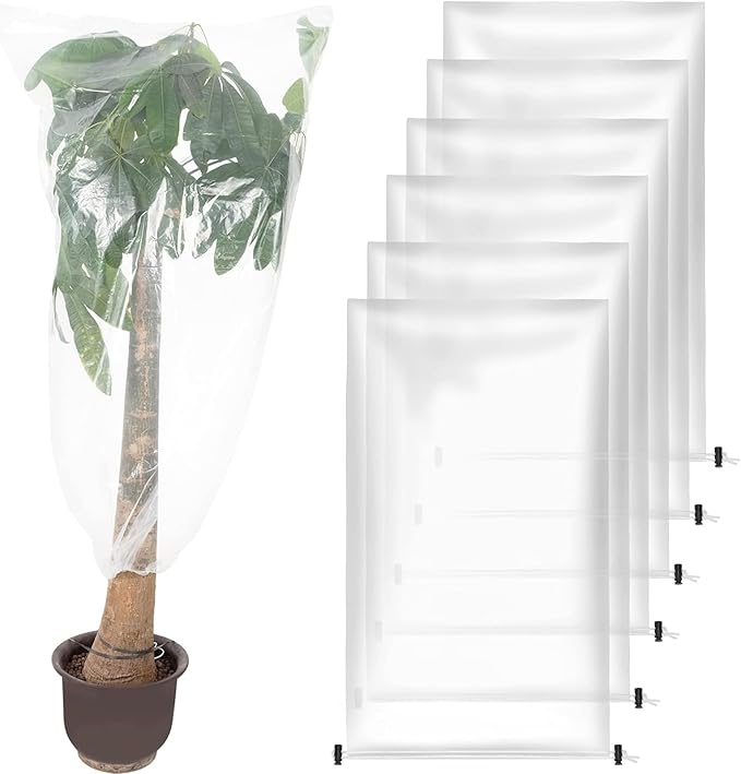 ANPHSIN 6 Pcs Winter Plant Film Cover with Drawstring - 35" x 59" Plastic Plant Cover Freeze