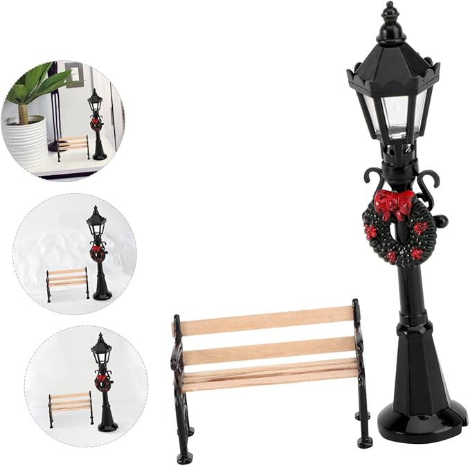 2pcs Christmas Street Lamp Post and Miniature Park Bench Seat Mini Street Light Model Dollhouse