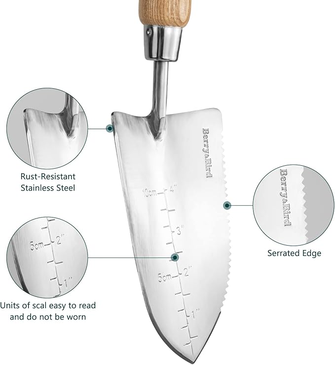 Berry&Bird Garden Serrated Planting Trowel, Multifunctional Shovel with ash Wood and Stainless