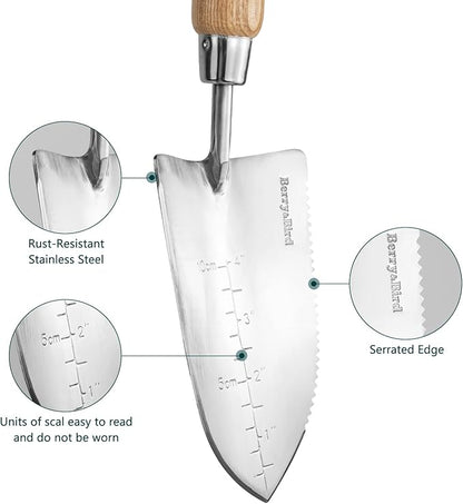 Berry&Bird Garden Serrated Planting Trowel, Multifunctional Shovel with ash Wood and Stainless