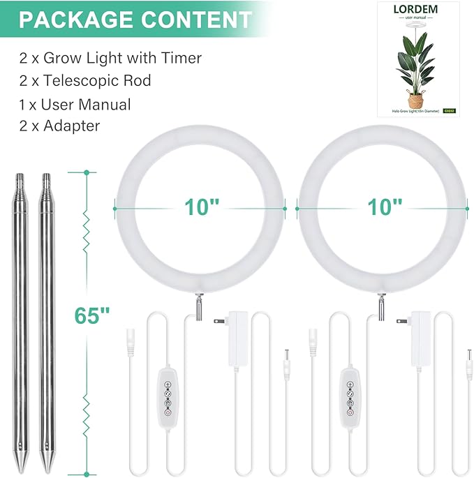 LORDEM 10" Grow Light for Indoor Plants, Full Spectrum Plant Lamp with160 LEDs, 4H/8H/12H Timer, 10