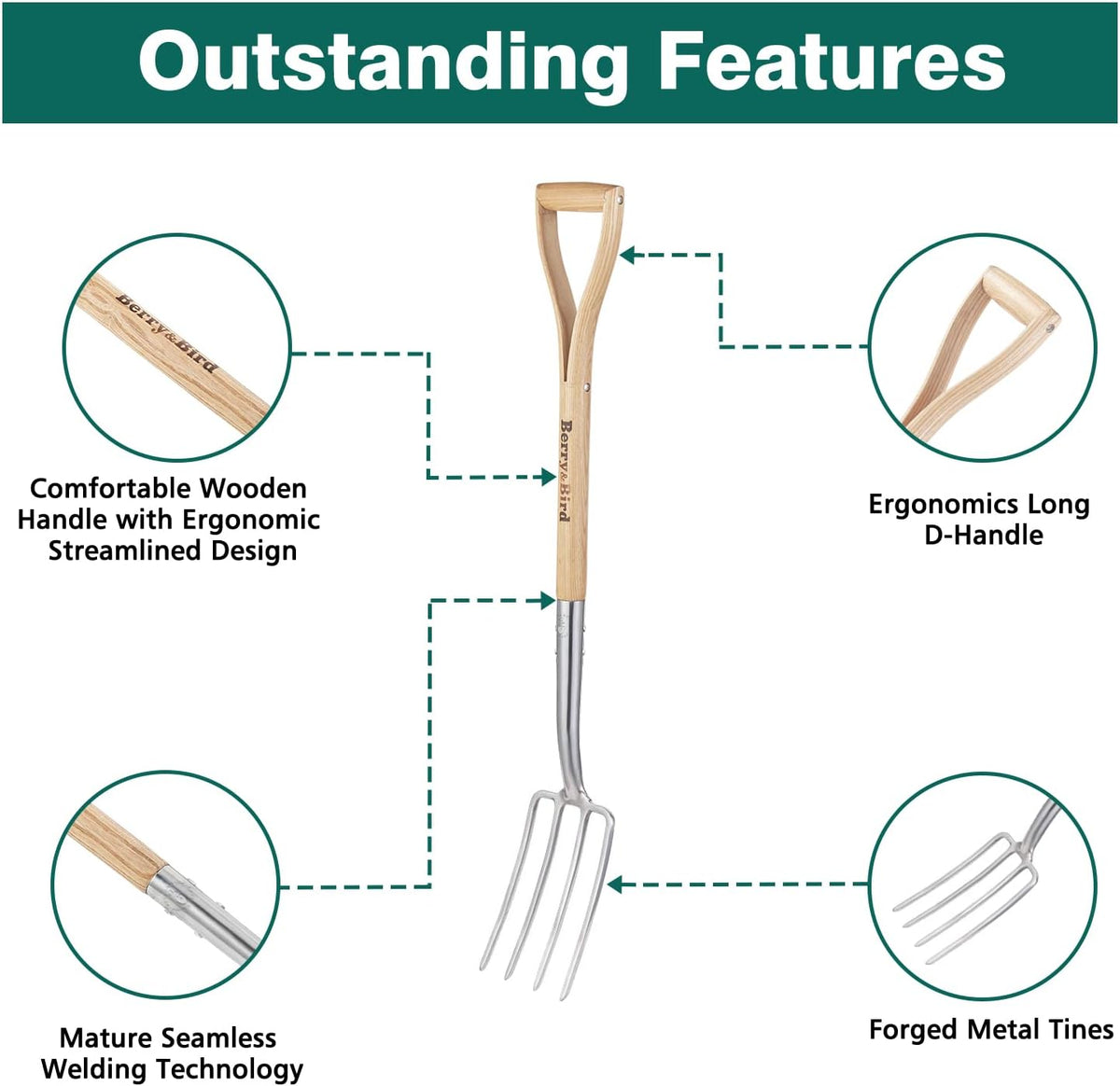 Berry&Bird Gardening Digging Fork, 4-Tine Stainless Steel Pitchfork, 43.9" Heavy Duty Spading Fork