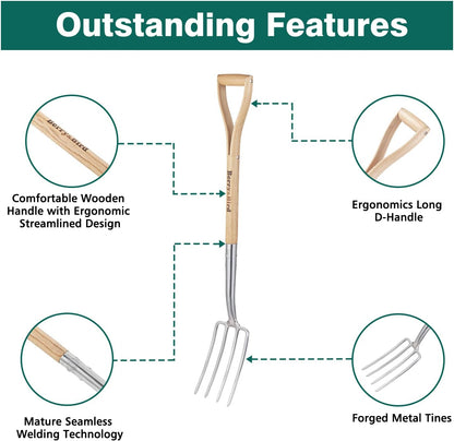 Berry&Bird Gardening Digging Fork, 4-Tine Stainless Steel Pitchfork, 43.9" Heavy Duty Spading Fork
