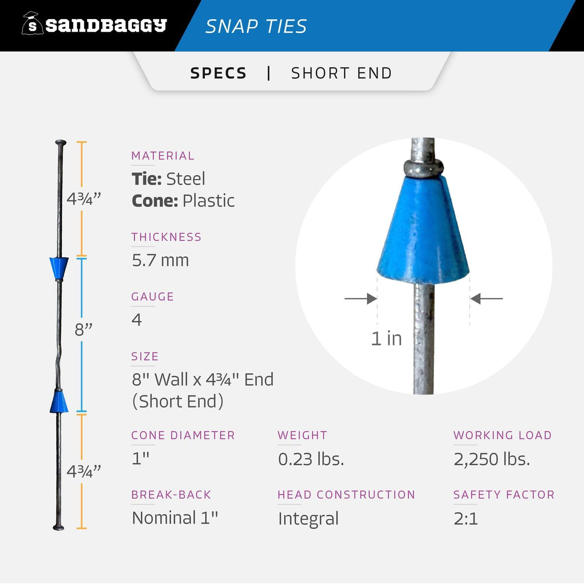 8" Standard Snap Ties for Concrete Forms - 1" Plastic Cones, Integral Heads - 2:1 Safety Factor
