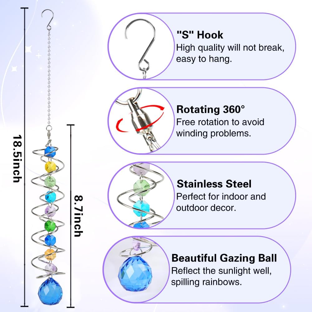 Sun Catchers, 2pcs Gazing Ball Spiral Tail Wind Spinners Crystal Suncatcher Prism Hanging Crystals