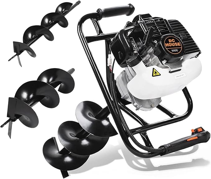 DC HOUSE 52cc 1800W Gas Powered Earth Auger EPA Certified Post Hole Digger, with 2 Drill Bits 6"
