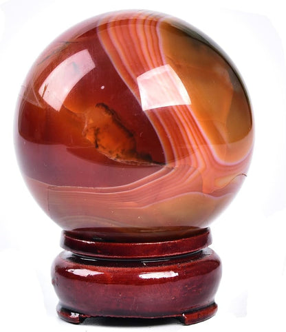 JIC Gem Natural Red Agate Crystal Ball Round Healing Crystals Decorative Sphere with Wooden Stand