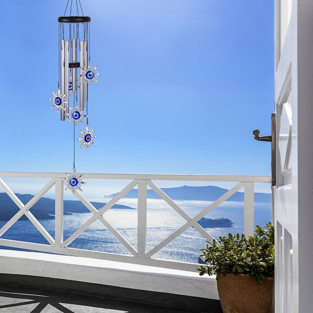 Blue Evil Eye Sun Wind Chimes Outdoor Decor, Mobile Sun Evil Eye Windcatcher, Evil Eye Sun Wind