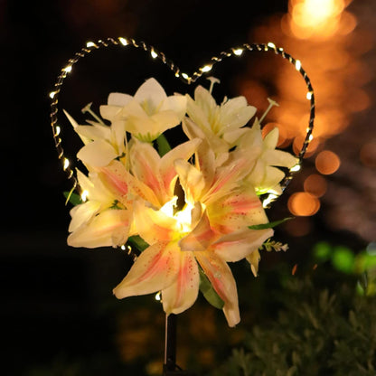 Starryfill Garden Solar Lights Outdoor Heart-Shaped with White Lily Flowers, Metal Stake Lights