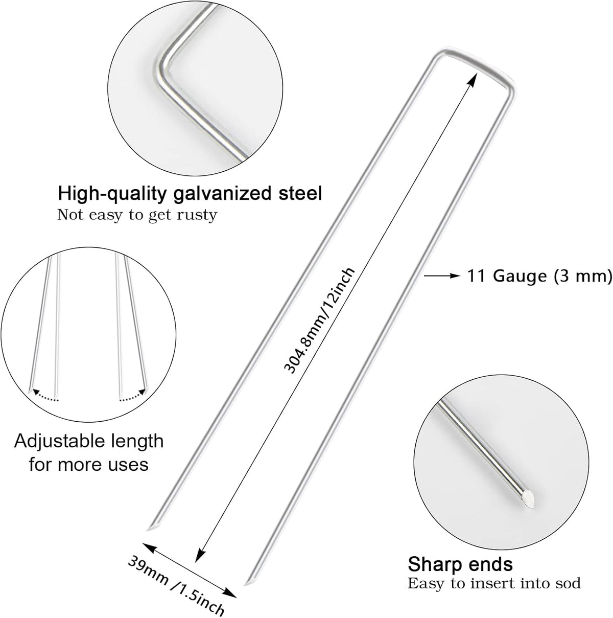 FEED GARDEN 12 Inch 50 Pack Galvanized Landscape Staples 11 Gauge Anti-Rust Garden Stakes