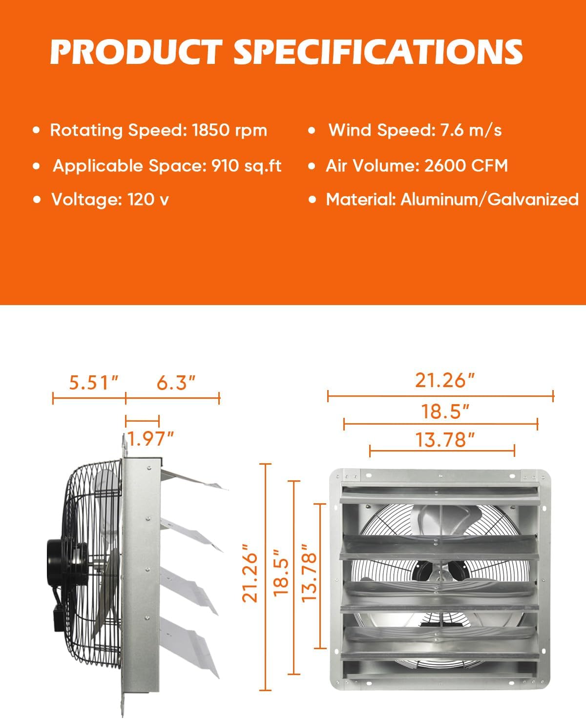 JVO 18 Inch Shutter Exhaust Fan - 2600 CFM High Velocity Wall Mounted Ventilator, 1.8m Power Cord