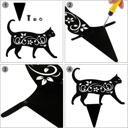 Elcoho 4 Pack Black Cat Silhouette Cute Metal Cat Garden Statues Bird Repellent Decorative Garden