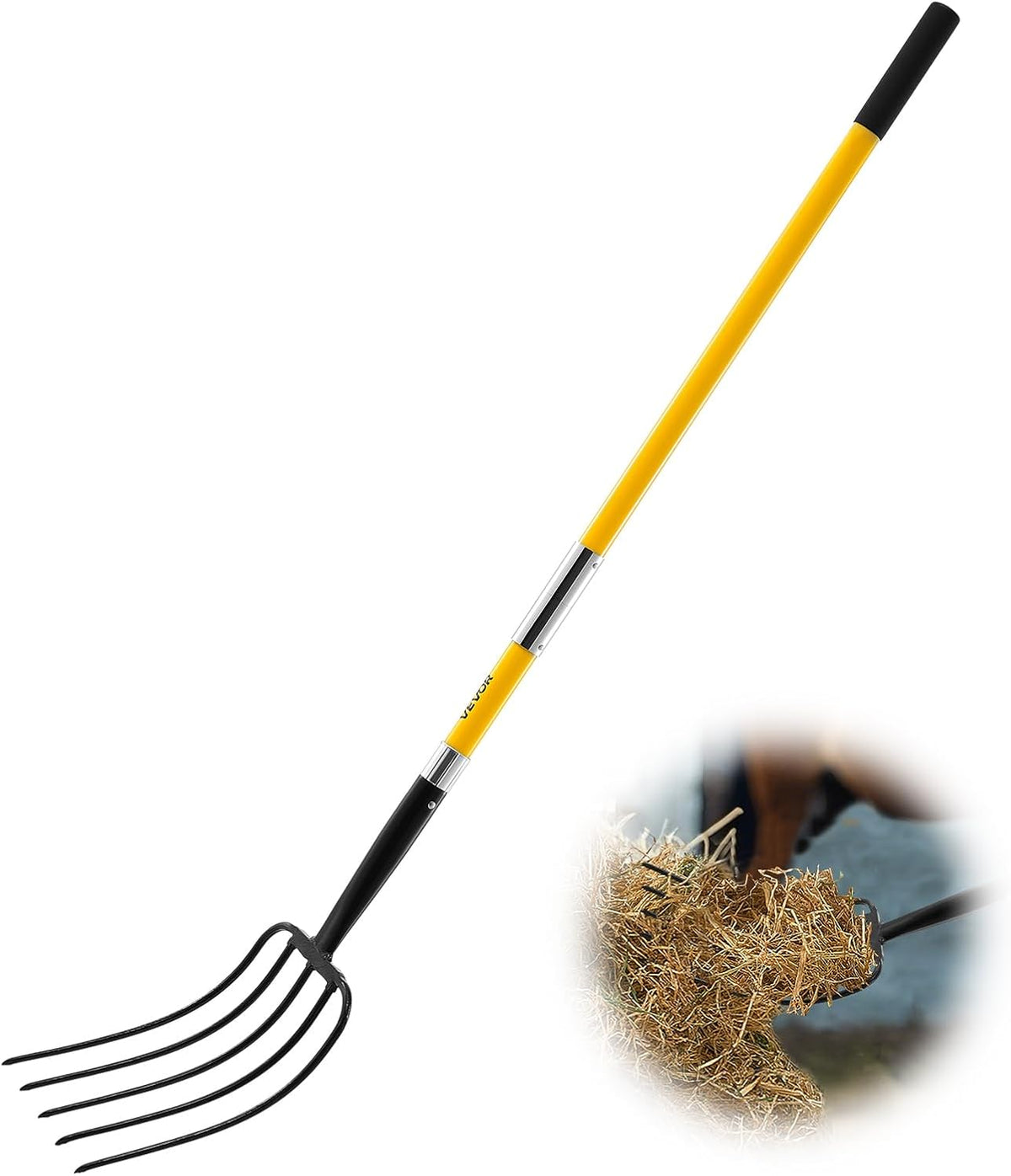 VEVOR Garden Fork, 5-Tine Gardening Pitchfork with Fiberglass Handle, 57 in Heavy Duty Digging Fork