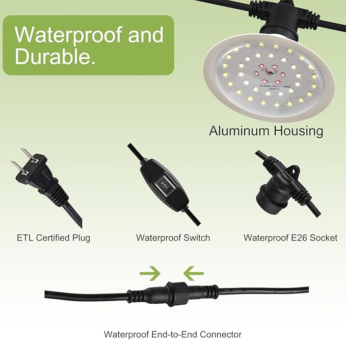 Outdoor Grow Lights for Plants, Full Spectrum Greenhouse Grow Light, Waterproof String Grow Light