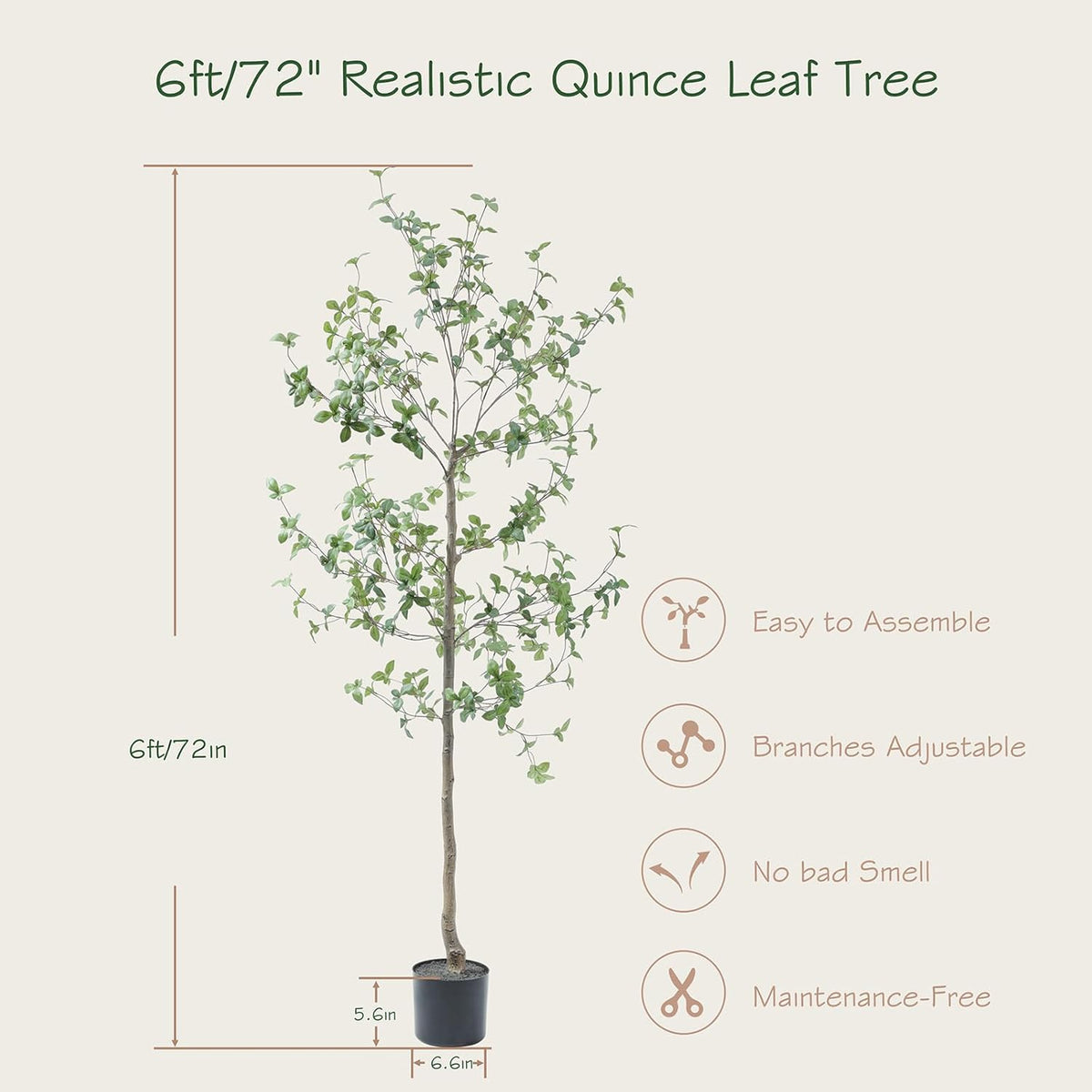 Bellacat 6ft Faux Quince Leaf Tree with Lifelike Leaves & Realistic Trunks, 72in Artificial Quince