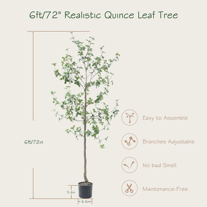 Bellacat 6ft Faux Quince Leaf Tree with Lifelike Leaves & Realistic Trunks, 72in Artificial Quince