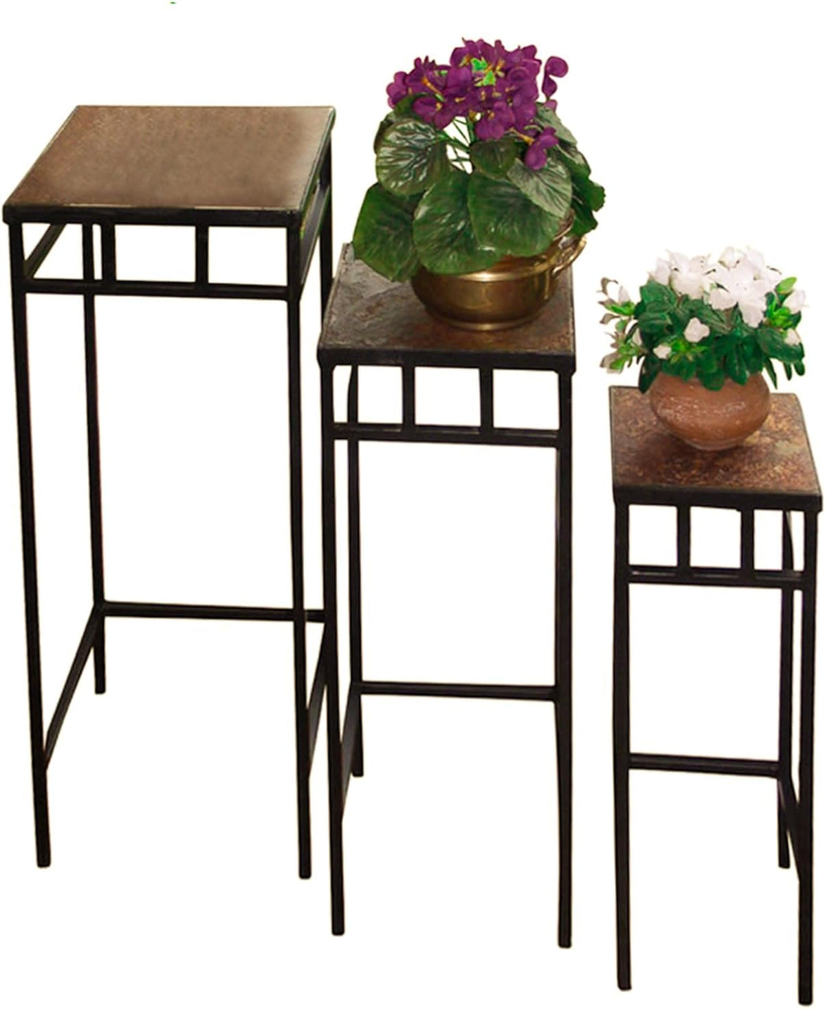 Zhongma Set of 3 Metal Plant Stand with Slate Top Square Flower Shelf without Installation Required
