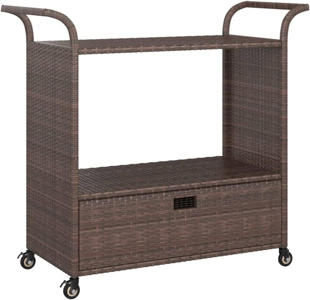 Outdoor Rolling Wicker Bar Cart with Drawer, Portable Bar Cart with Wheels, Patio Kitchen Island