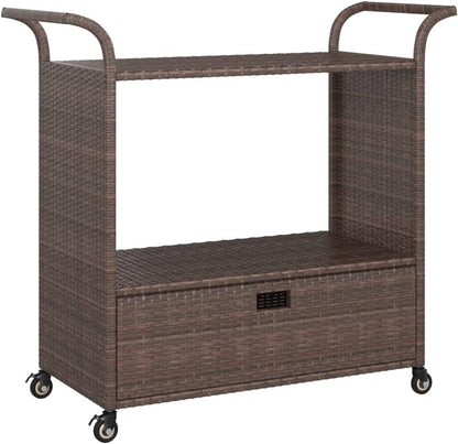 Outdoor Rolling Wicker Bar Cart with Drawer, Portable Bar Cart with Wheels, Patio Kitchen Island