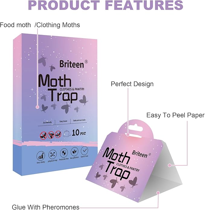 Pantry Moth Traps 10-Pack Safe and Effective for Food and Clothing- Glue Traps with Pheromones for