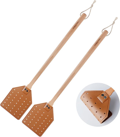 Fly Swatter Set - 2 Pack Wooden Leather Fly Swatter with Hanging Rope, Heavy Duty Fly Swatter for