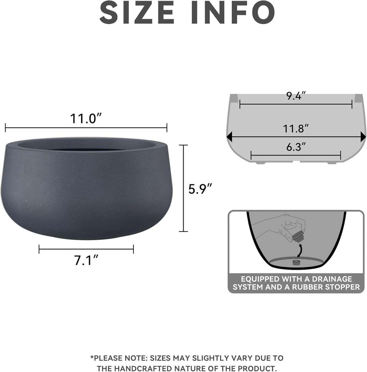 Kante 15.7" Dia Round Concrete Planter, Cement Plant Pots with Drainage Hole and Rubber Plug for