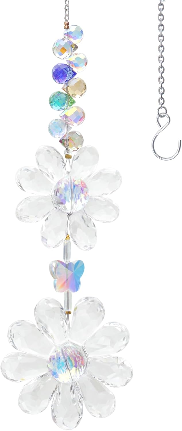 Crystal Flower Suncatcher Hanging Ornament, Rainbow Maker Window Sun Catcher Indoor Outdoor Patio