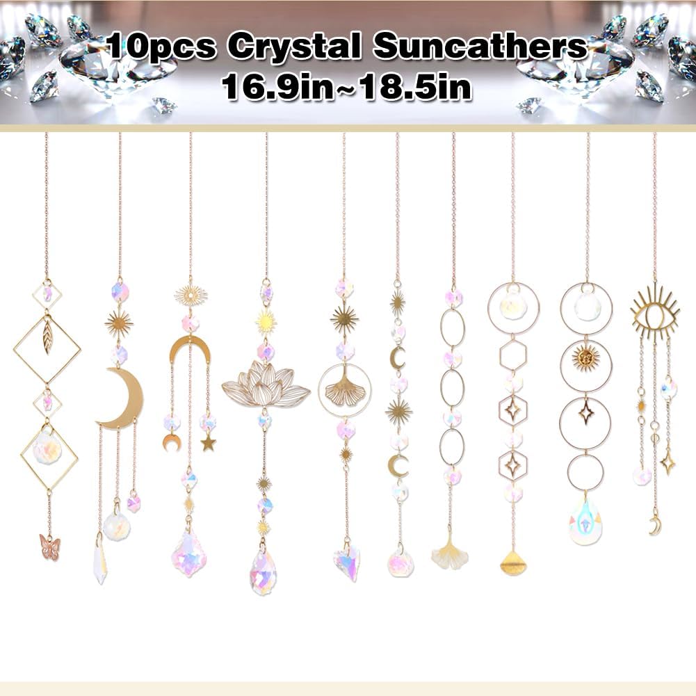 Sun Catchers, 10 Pieces Colorful Crystal Suncatcher with Chain Pendant Ornaments Hanging Crystals