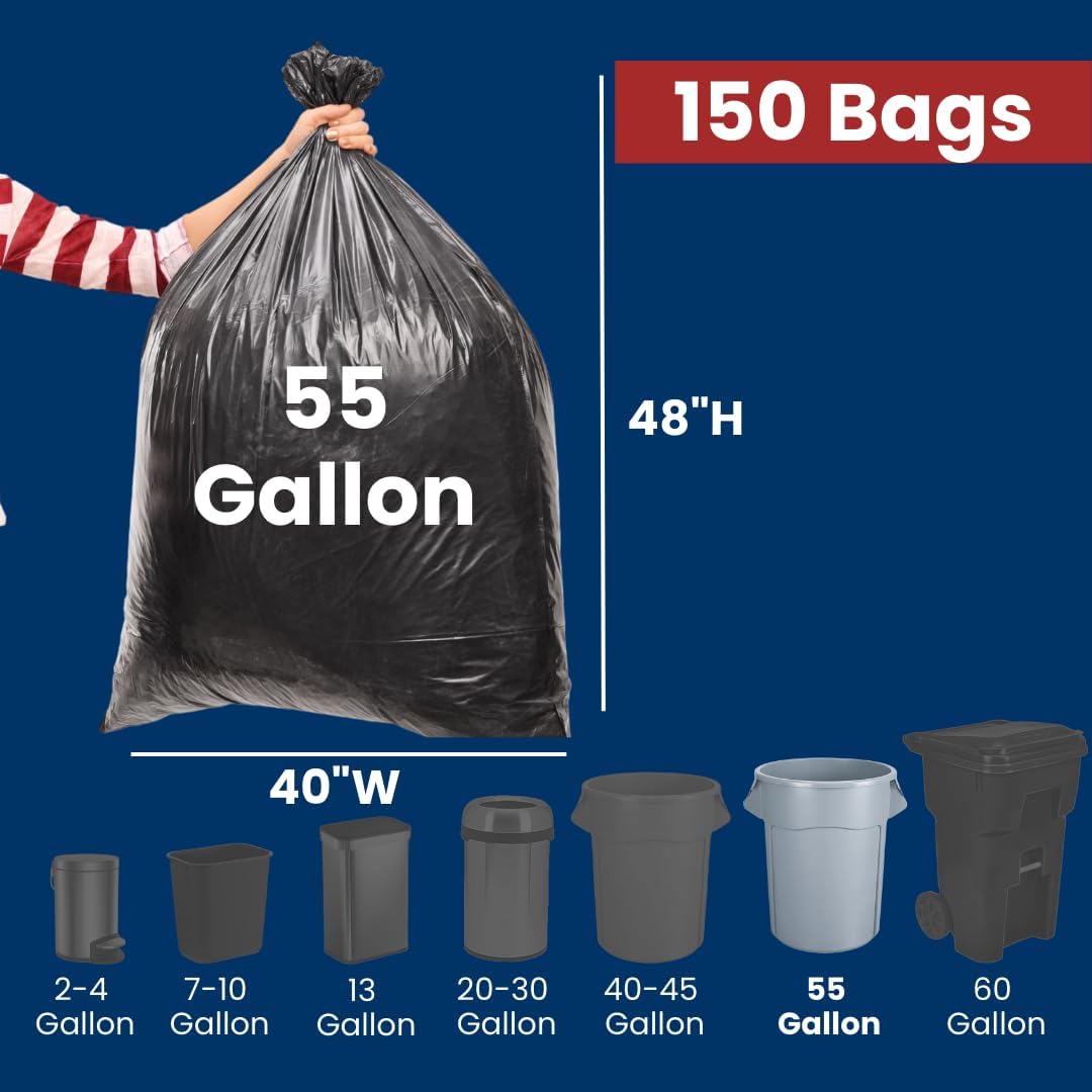 55 Gal Trash Bags | 150 Count | 36" X 60" Black Extra-Large Garbage Bags for Big Jobs