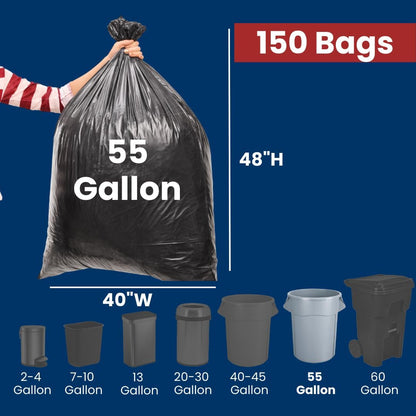 55 Gal Trash Bags | 150 Count | 36" X 60" Black Extra-Large Garbage Bags for Big Jobs