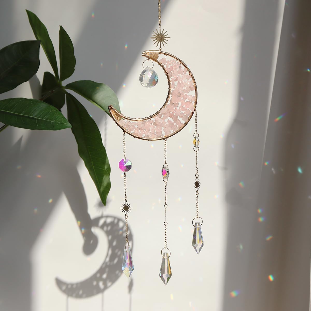 Moon Suncatcher Hanging Decor, Boho Chic Rose Quartz Crystal Sun Catcher, Spritual Sun Light