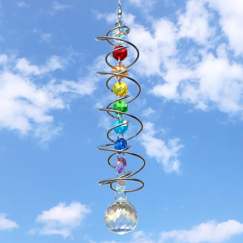 Suncatcher Wind Spinner Gazing Ball Spiral Tail, Crystal Sun Catchers with Seven Chakra Beads