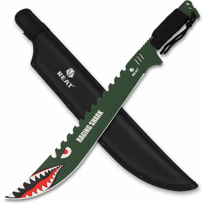 REAT Machete with Sheath, 25.5" Full Tang 420 Stainless Steel Blade with Raging Shark Green