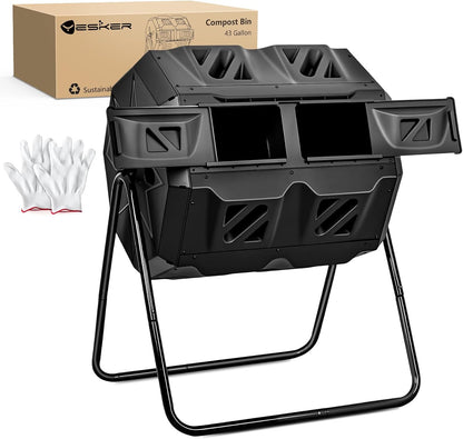 Yesker Dual Chamber Compost Bin Outdoor, 43 Gallon Rotating Tumbling Composter with Sliding Doors
